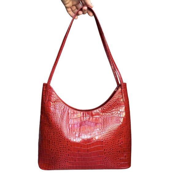 Valentino Vintage Red Croc Embossed Minimalist Shoulder Bag Medium - Picture 2 of 16